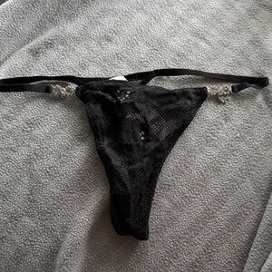 NWT Victoria's Secret Black Lace Thong with crystal Bows